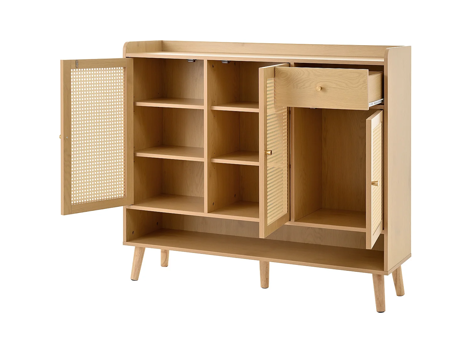 Natuurlijke schoenenkast met 3 rotandeuren en 1 lade, metalen handgreep 120x35x106cm