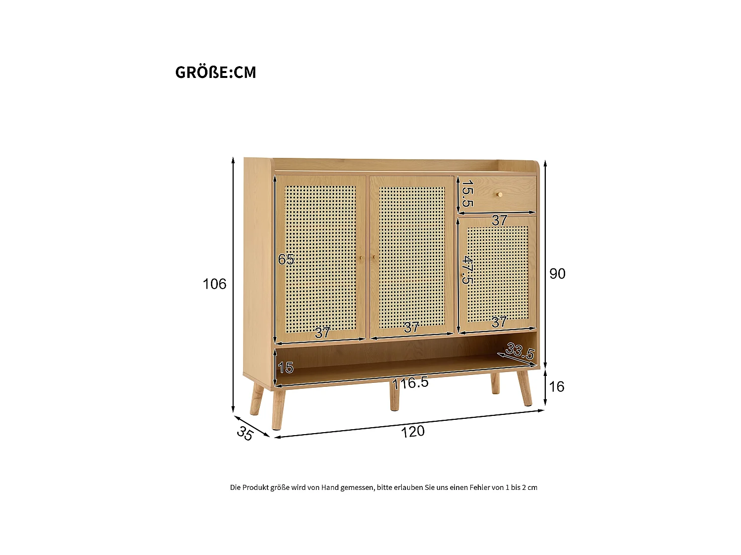Zapatero natural con 3 puertas de ratán y 1 cajón, tirador de metal 120x35x106cm