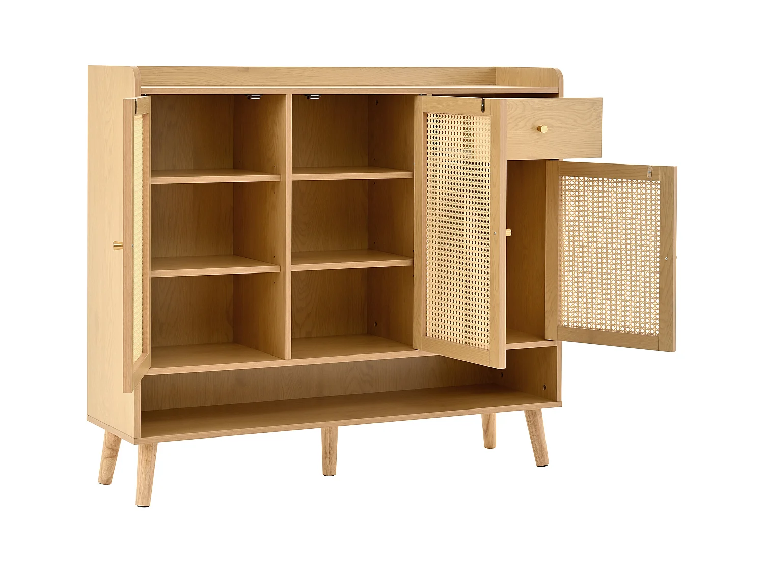 Zapatero natural con 3 puertas de ratán y 1 cajón, tirador de metal 120x35x106cm