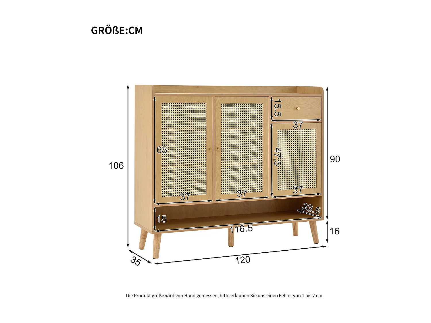 Natuurlijke schoenenkast met 3 rotandeuren en 1 lade, metalen handgreep 120x35x106cm