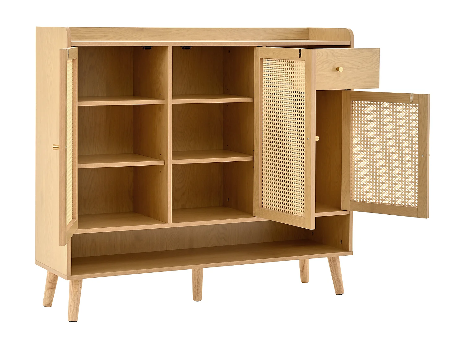 Natuurlijke schoenenkast met 3 rotandeuren en 1 lade, metalen handgreep 120x35x106cm