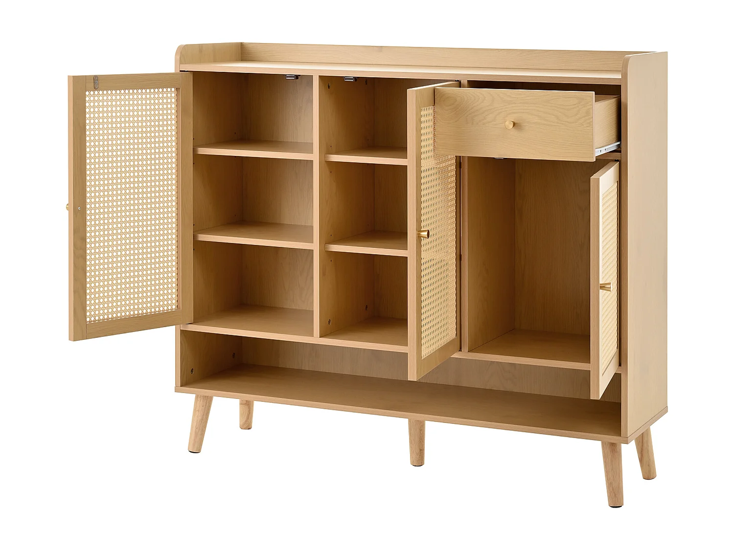 Natuurlijke schoenenkast met 3 rotandeuren en 1 lade, metalen handgreep 120x35x106cm