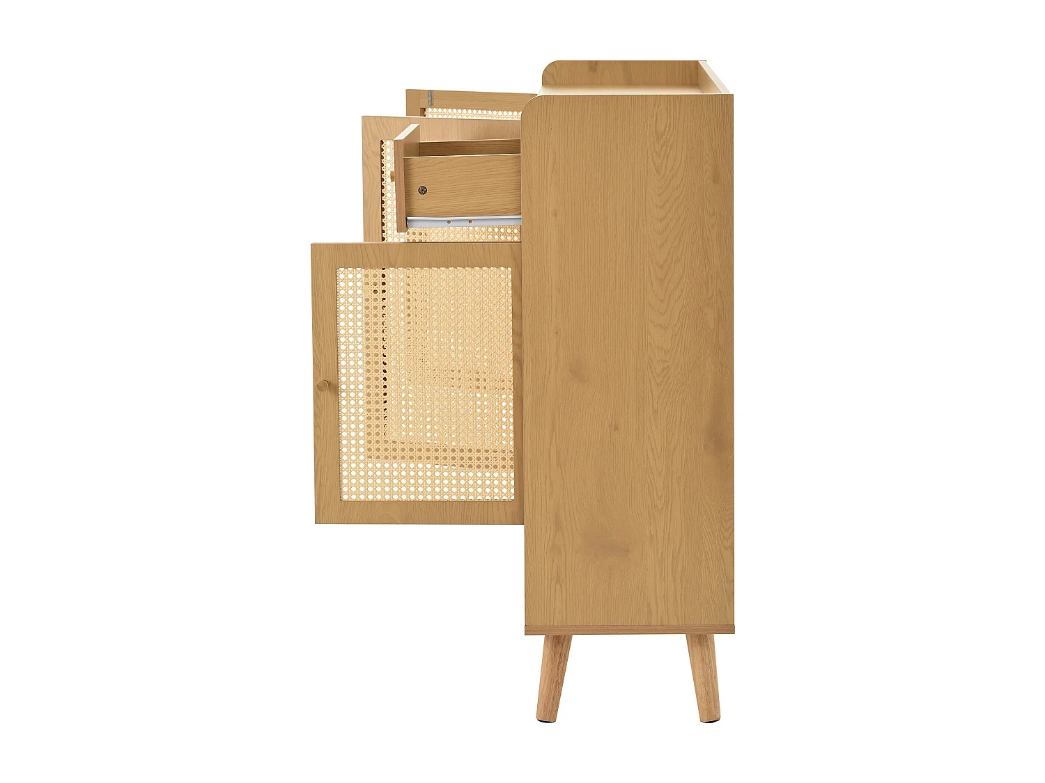 Natuurlijke schoenenkast met 3 rotandeuren en 1 lade, metalen handgreep 120x35x106cm