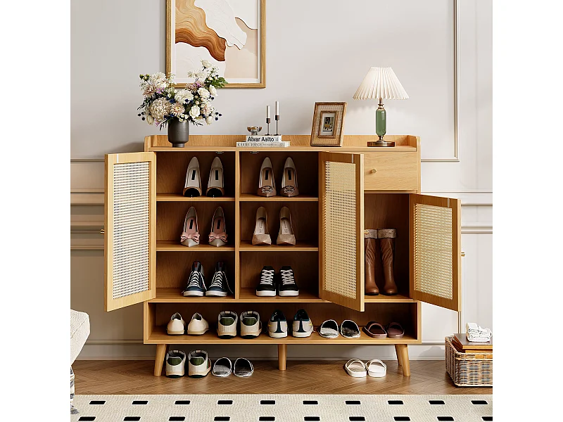 Natuurlijke schoenenkast met 3 rotandeuren en 1 lade, metalen handgreep 120x35x106cm