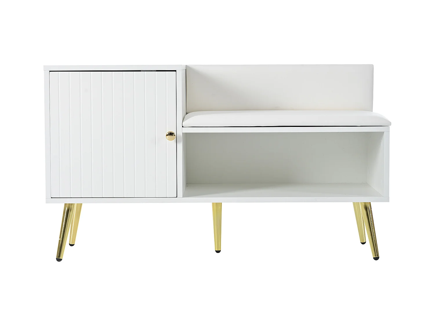 Meuble à chaussures blanc avec 1 porte et banc rembourré, pieds en métal 100x38x58cm