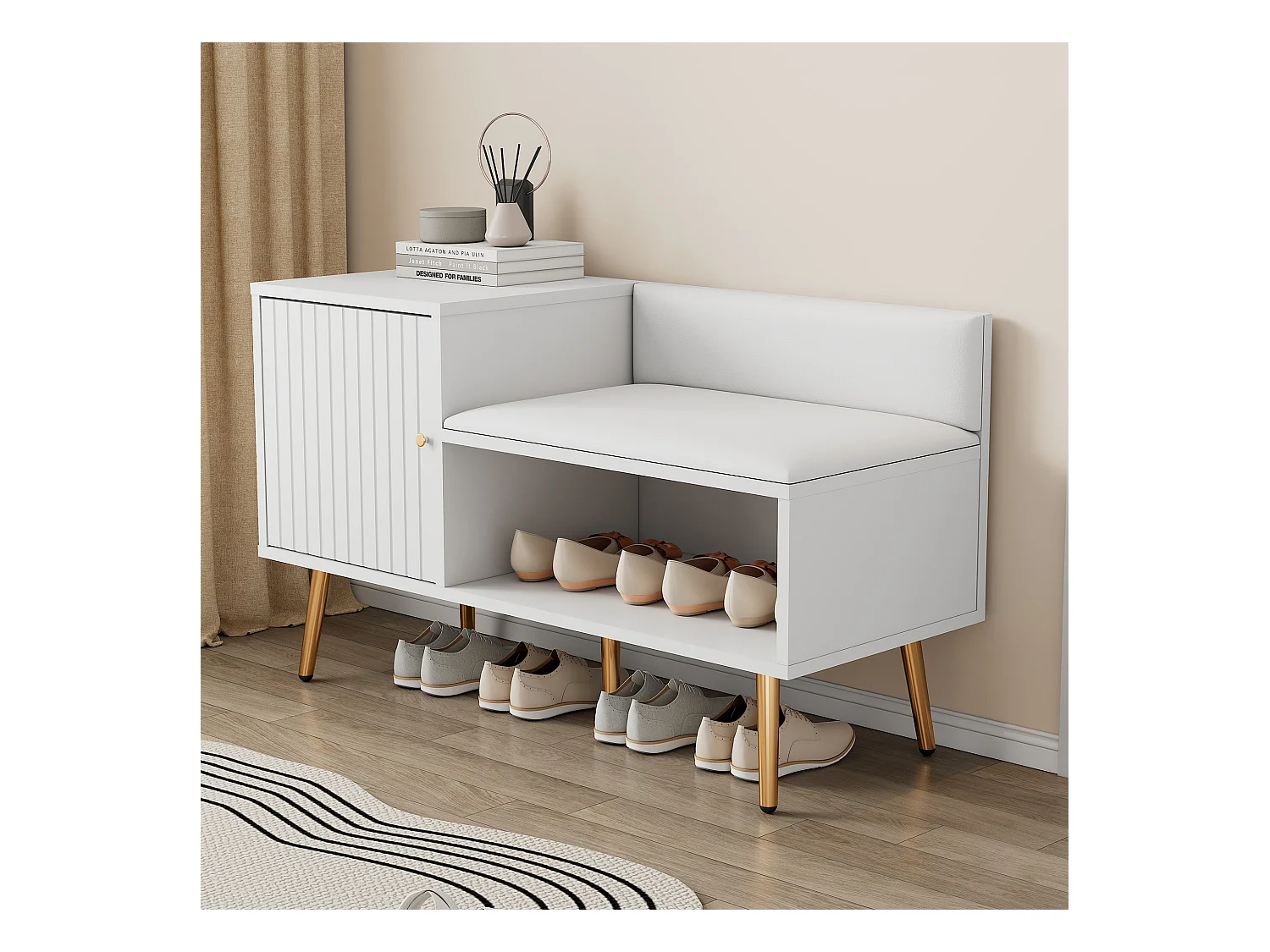 Meuble à chaussures blanc avec 1 porte et banc rembourré, pieds en métal 100x38x58cm