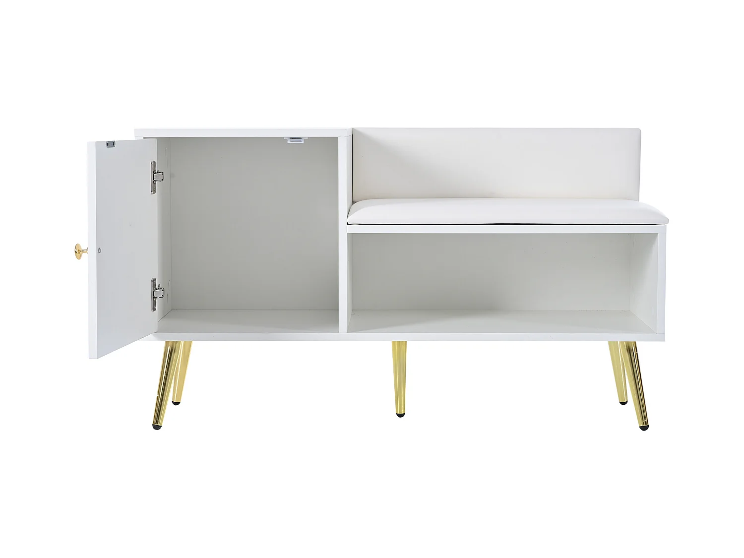 Meuble à chaussures blanc avec 1 porte et banc rembourré, pieds en métal 100x38x58cm