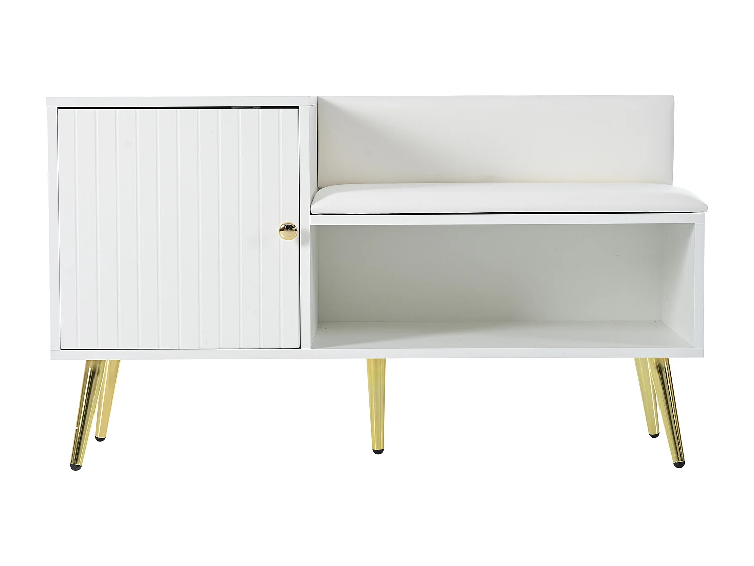 Meuble à chaussures blanc avec 1 porte et banc rembourré, pieds en métal 100x38x58cm