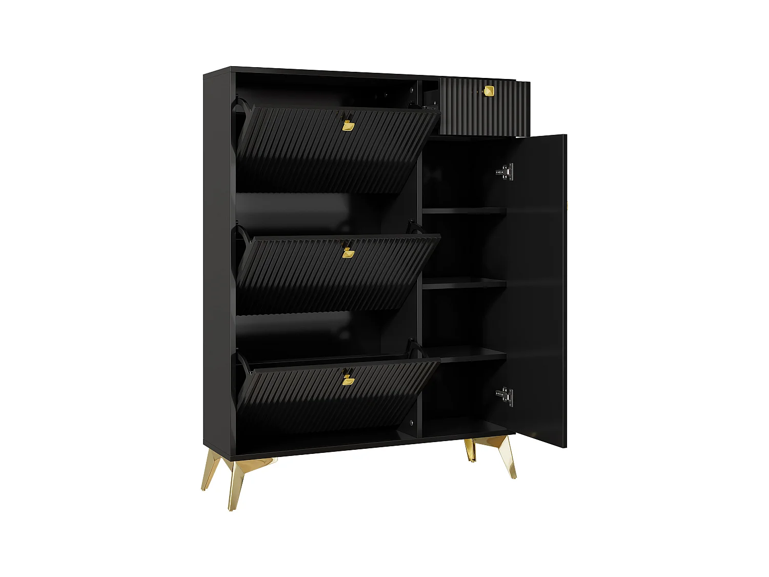 Sapateira preta com 1 gaveta e 4 portas, pés dourados 90x25x121cm