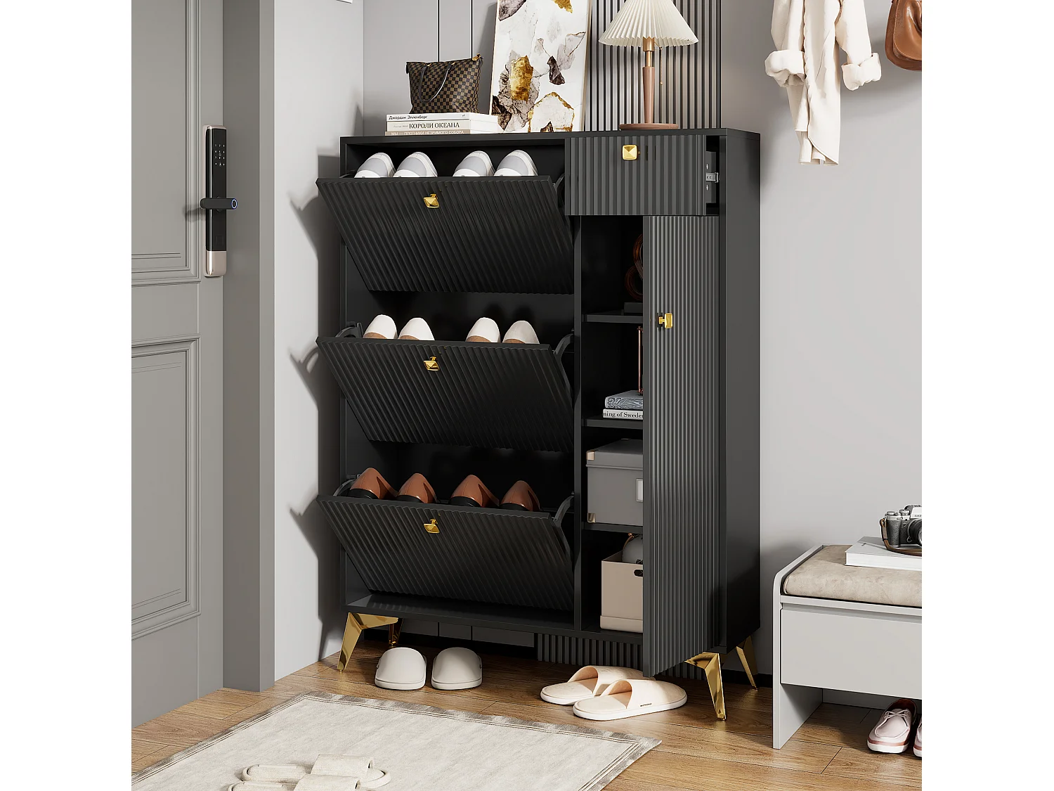 Zwarte schoenenkast met 1 lade en 4 deuren, gouden poten 90x25x121cm