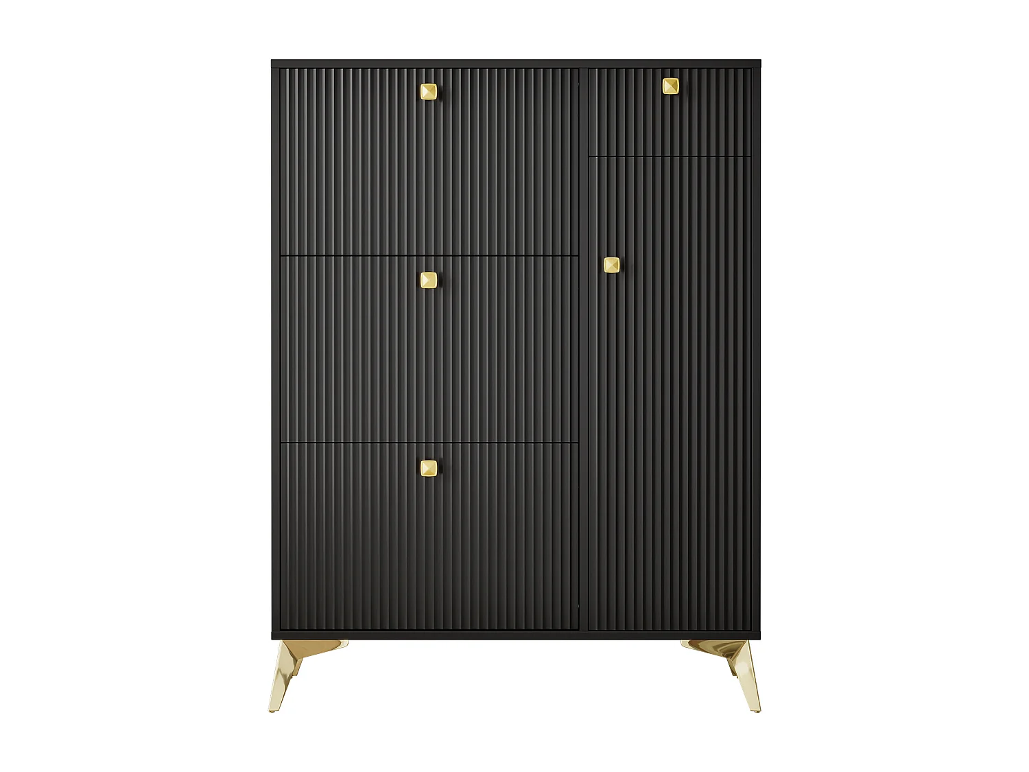 Zwarte schoenenkast met 1 lade en 4 deuren, gouden poten 90x25x121cm