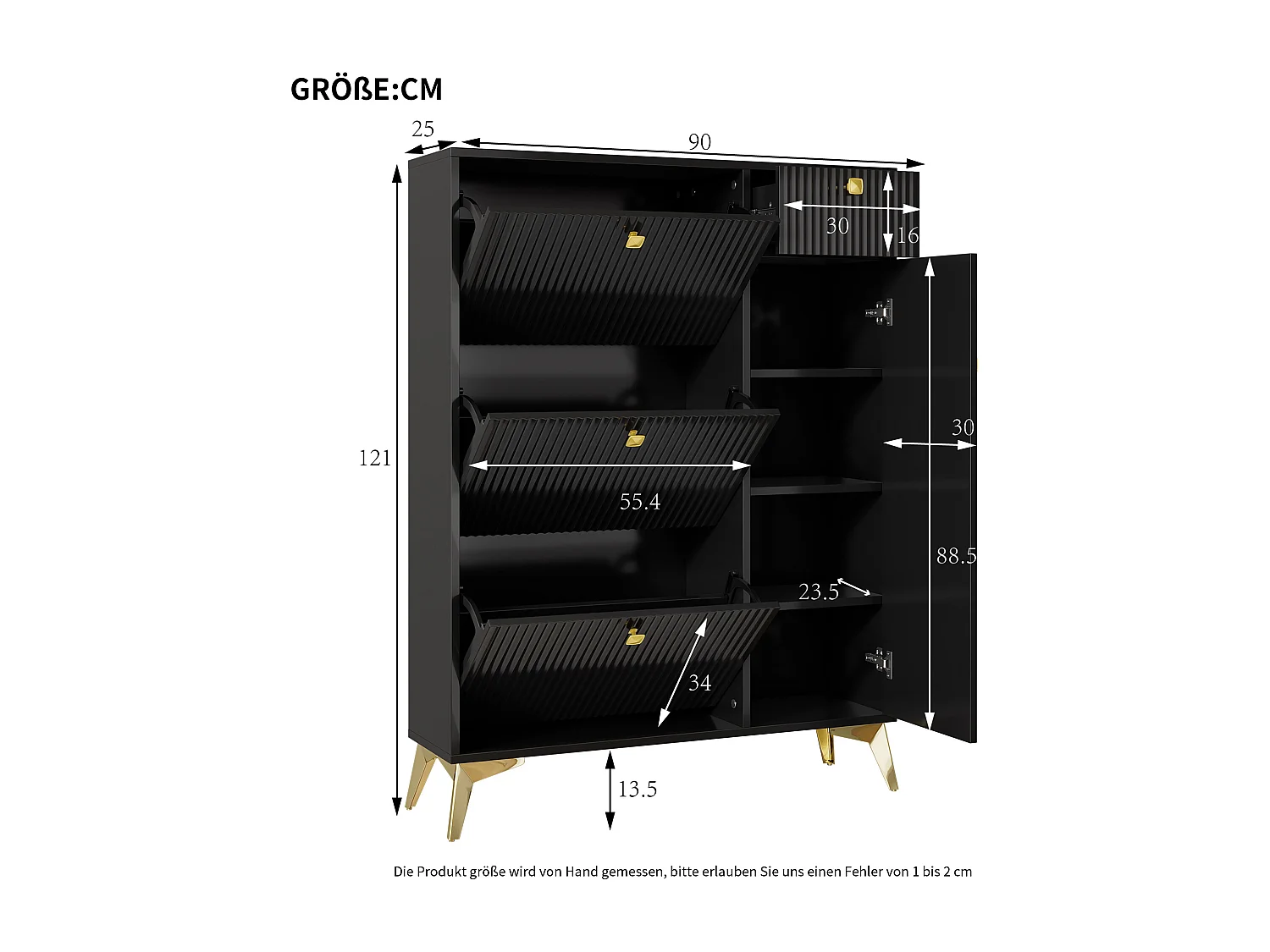Zwarte schoenenkast met 1 lade en 4 deuren, gouden poten 90x25x121cm