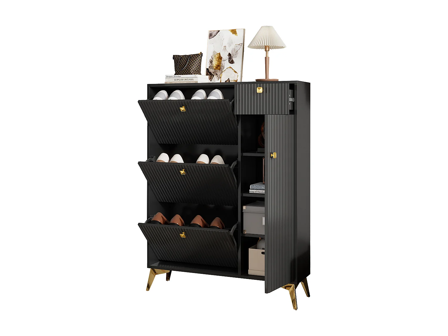 Zwarte schoenenkast met 1 lade en 4 deuren, gouden poten 90x25x121cm