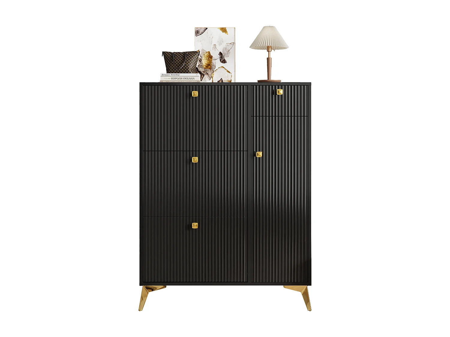 Zwarte schoenenkast met 1 lade en 4 deuren, gouden poten 90x25x121cm