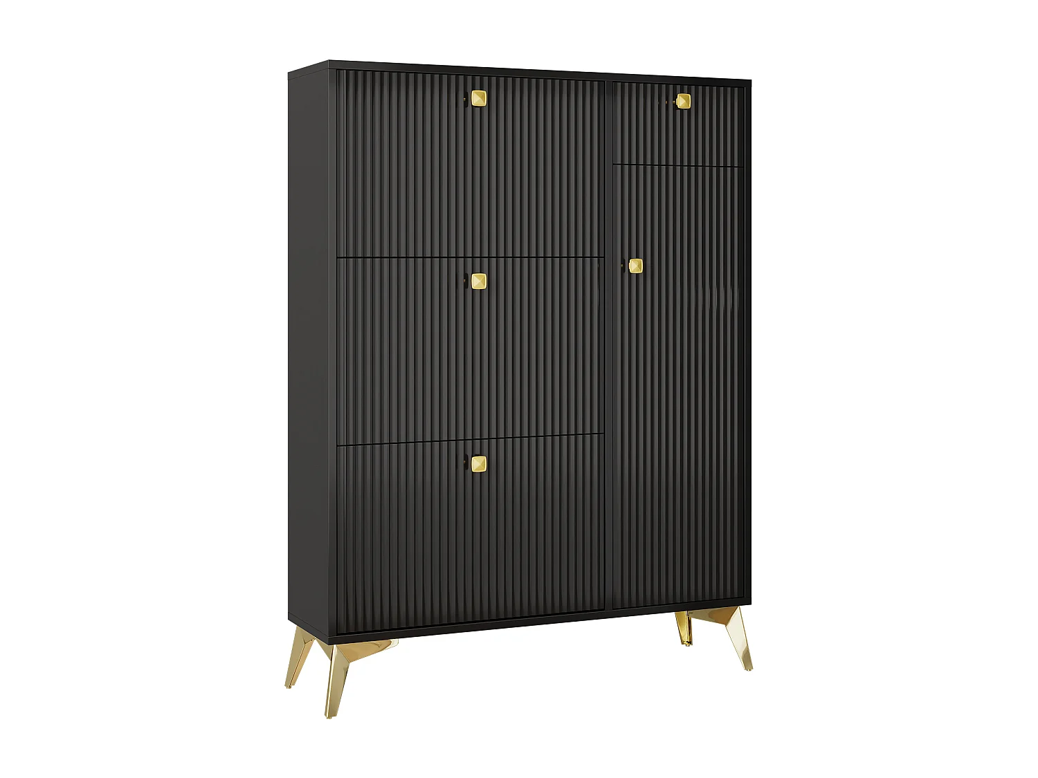 Zwarte schoenenkast met 1 lade en 4 deuren, gouden poten 90x25x121cm