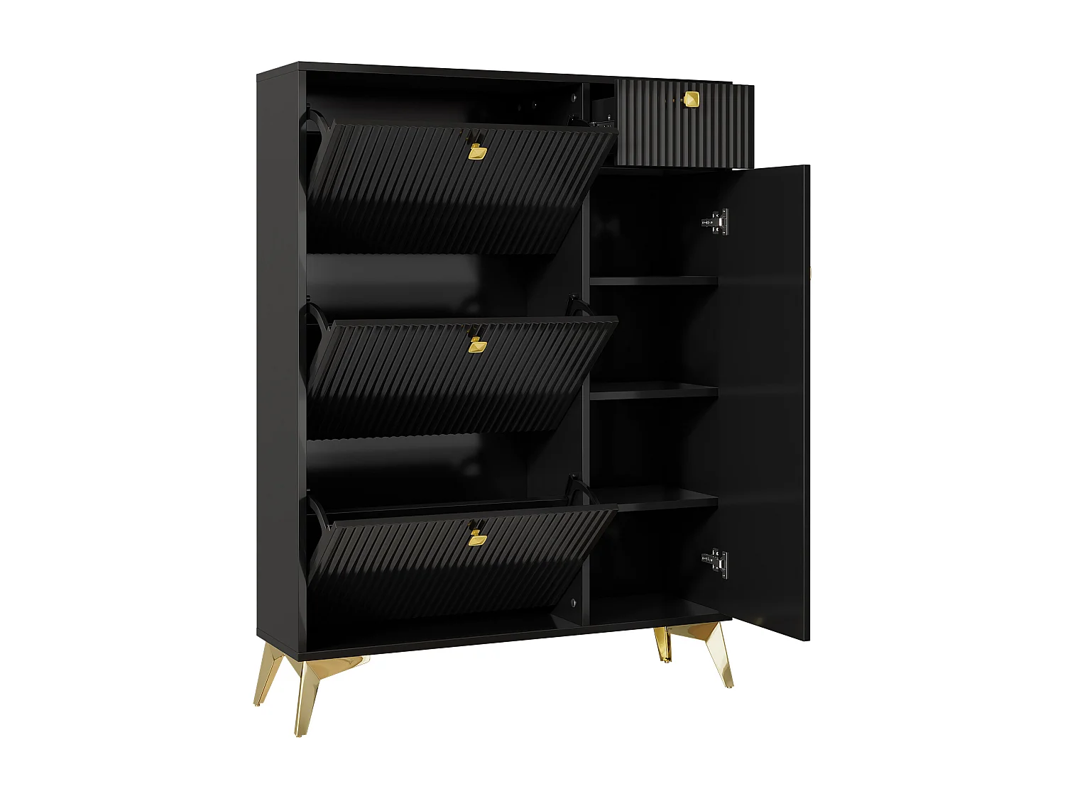 Zwarte schoenenkast met 1 lade en 4 deuren, gouden poten 90x25x121cm