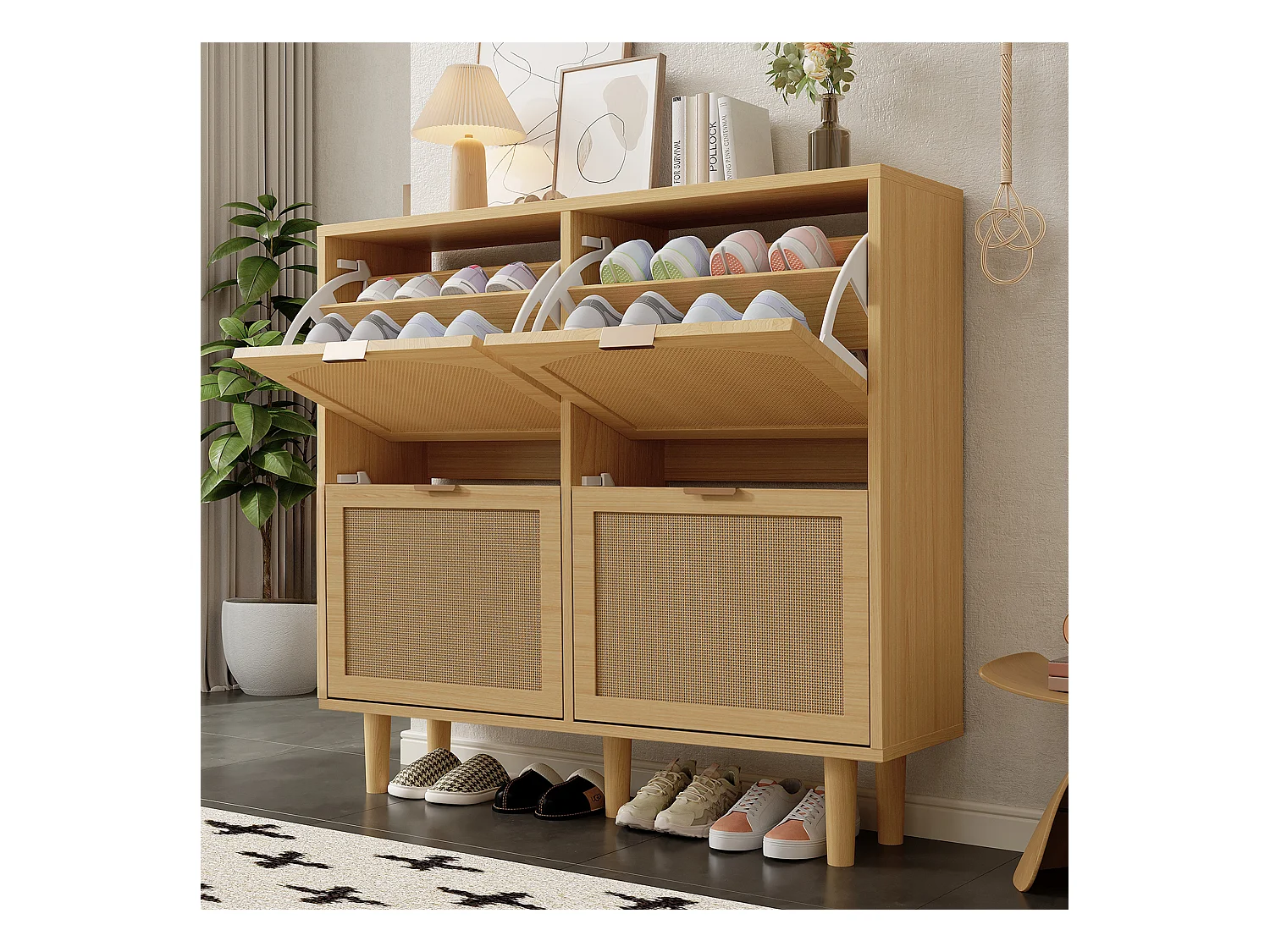 Meuble chaussures naturelle claire avec 4 portes, poignées en métal 100x25x90.3cm