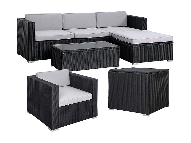 SVITA CALIFORNIA XL salon de jardin ensemble de balcon en polyrotin coussins de chaise longue en rotin noir