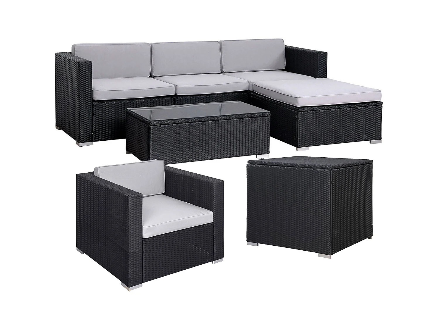 SVITA CALIFORNIA XL salon de jardin ensemble de balcon en polyrotin coussins de chaise longue en rotin noir