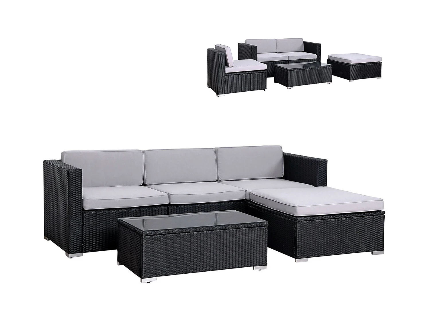 SVITA CALIFORNIA XL salon de jardin ensemble de balcon en polyrotin coussins de chaise longue en rotin noir