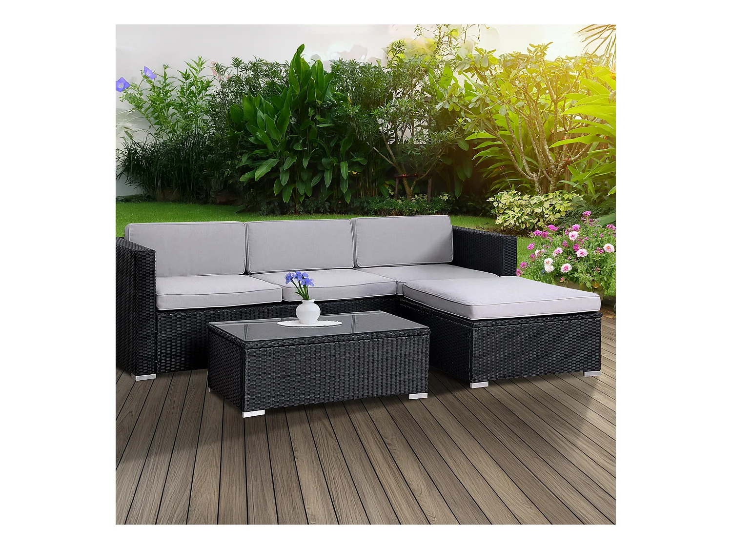 SVITA CALIFORNIA XL salon de jardin ensemble de balcon en polyrotin coussins de chaise longue en rotin noir