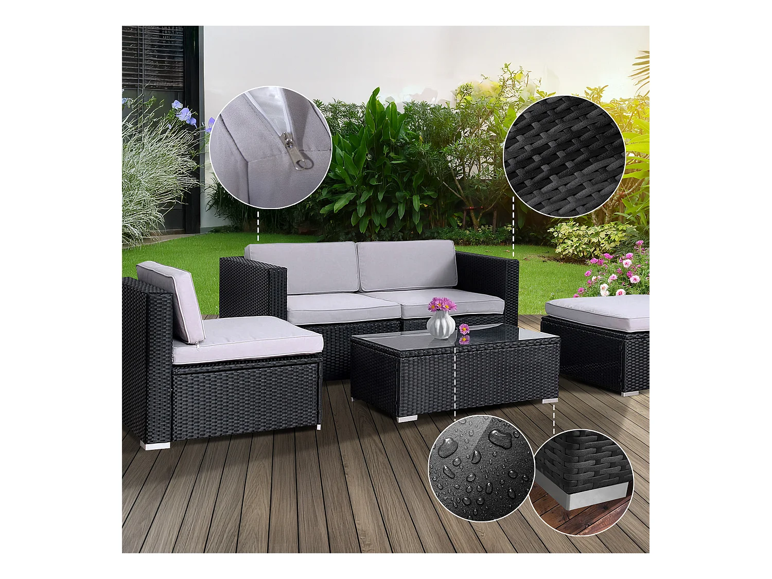 SVITA CALIFORNIA XL salon de jardin ensemble de balcon en polyrotin coussins de chaise longue en rotin noir