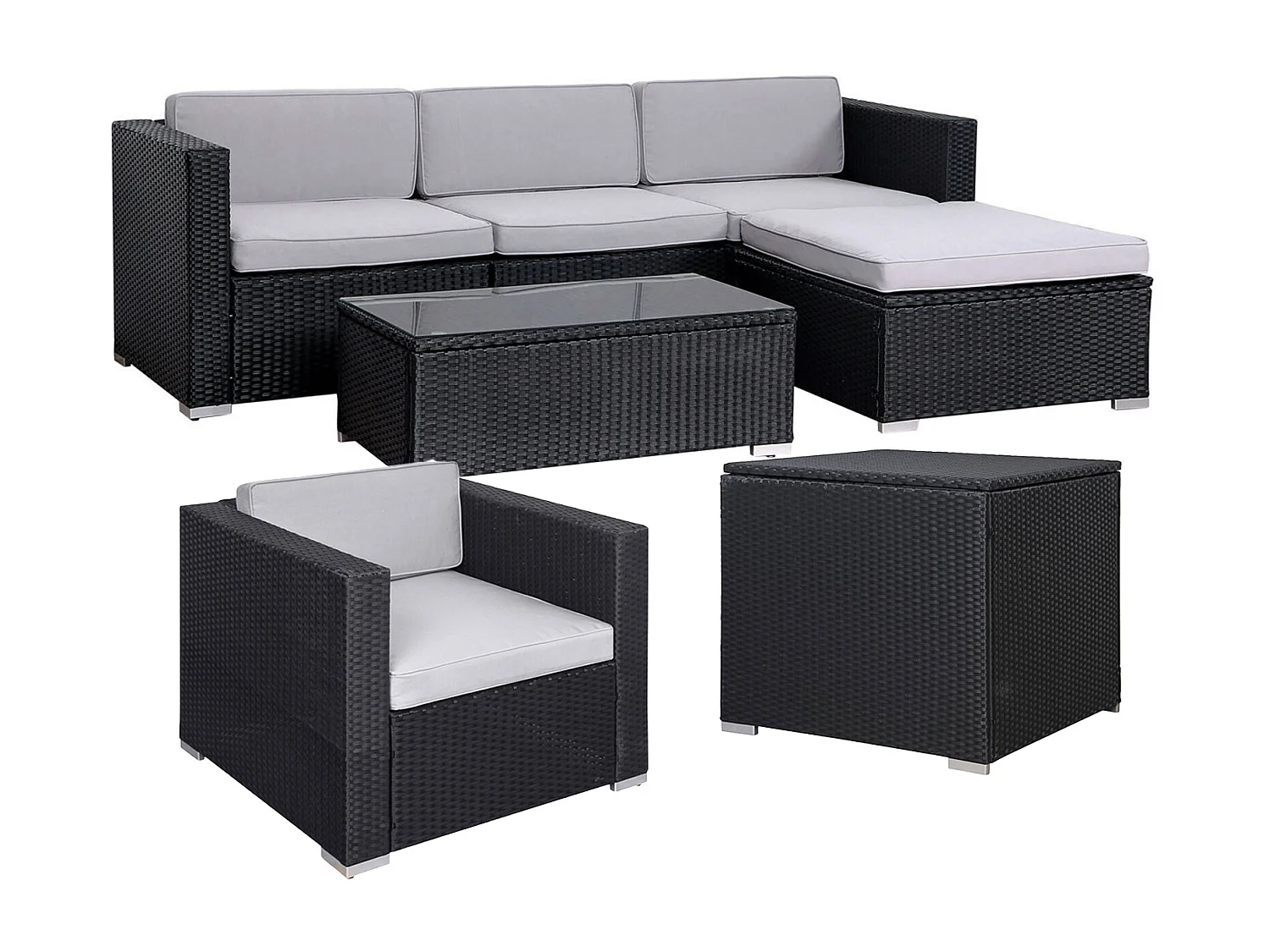 SVITA CALIFORNIA XL salon de jardin ensemble de balcon en polyrotin coussins de chaise longue en rotin noir