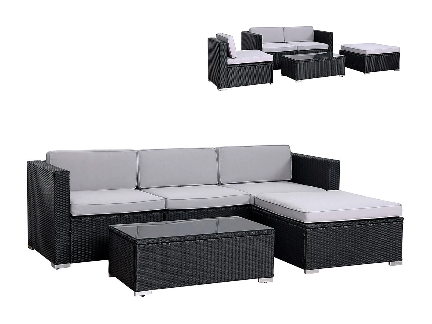 SVITA CALIFORNIA XL salon de jardin ensemble de balcon en polyrotin coussins de chaise longue en rotin noir