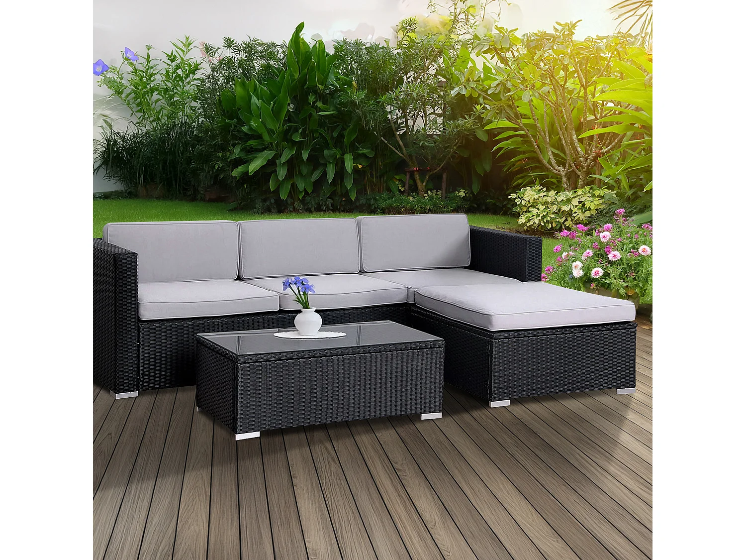 SVITA CALIFORNIA XL salon de jardin ensemble de balcon en polyrotin coussins de chaise longue en rotin noir