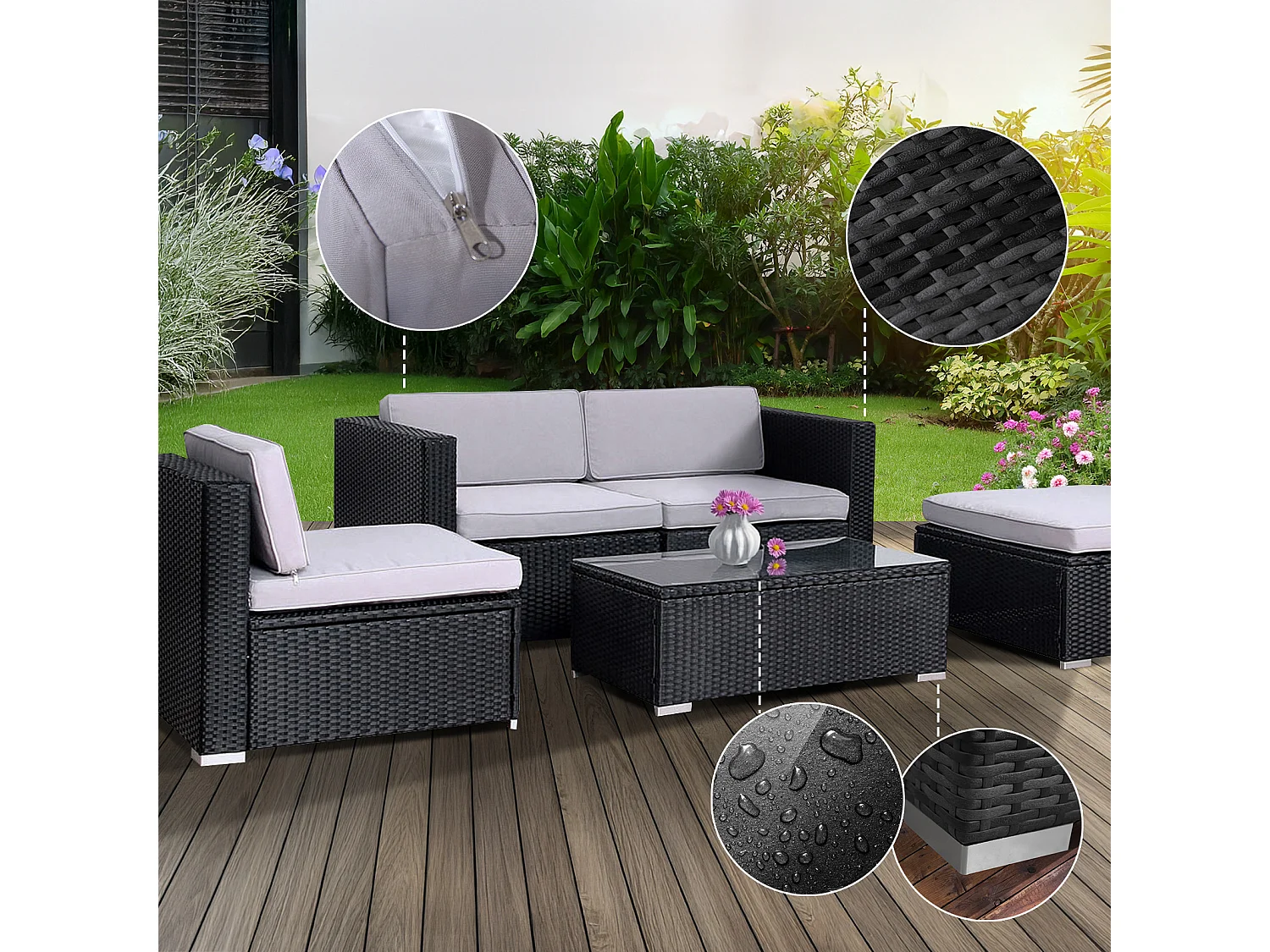 SVITA CALIFORNIA XL salon de jardin ensemble de balcon en polyrotin coussins de chaise longue en rotin noir