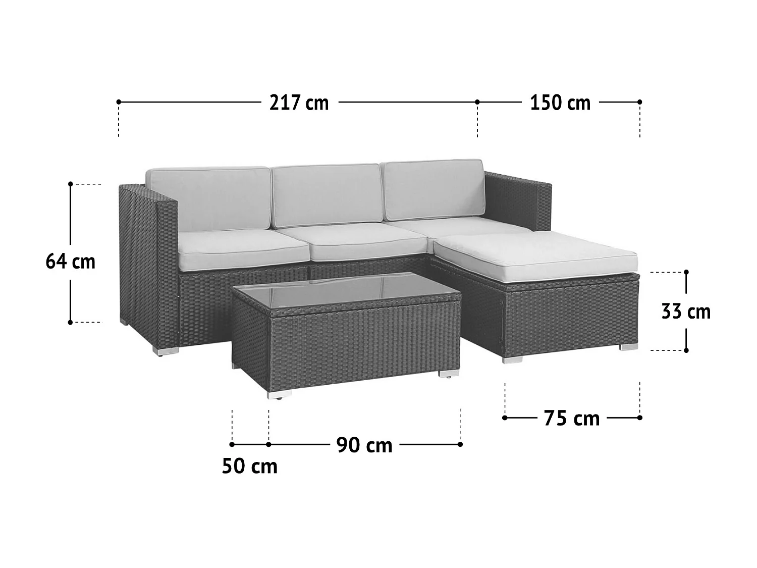 SVITA CALIFORNIA XL salon de jardin ensemble de balcon en polyrotin coussins de chaise longue en rotin noir
