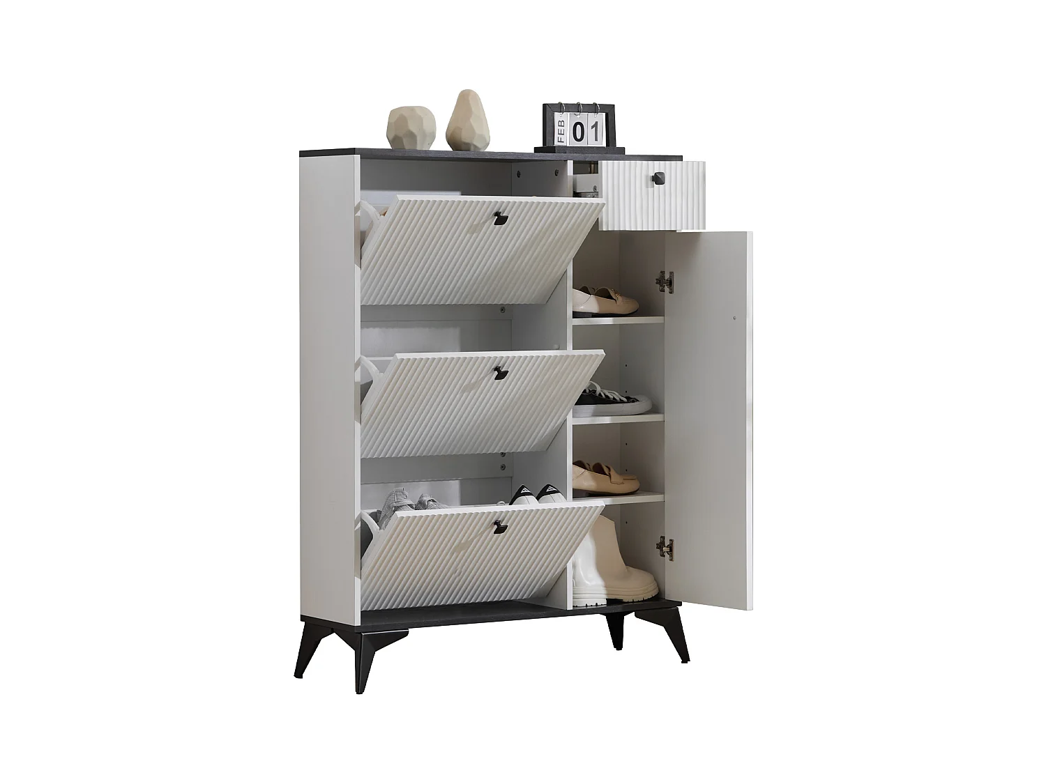 Zapatero blanco con 1 cajón y 4 puertas, patas negras 90x25x121cm