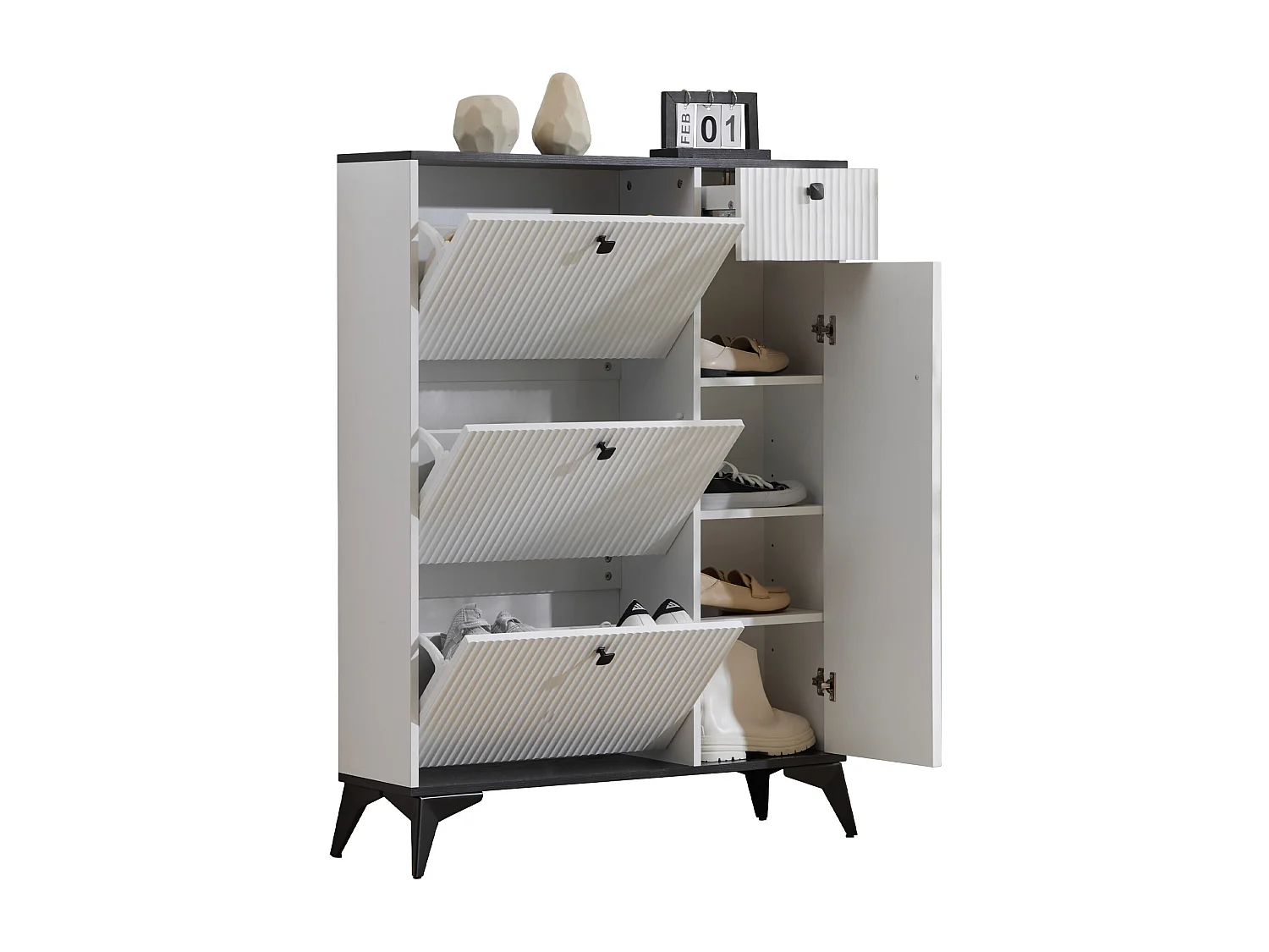 Meuble à chaussures blanc avec 1 tiroir et 4 portes, pieds noirs 90x25x121cm