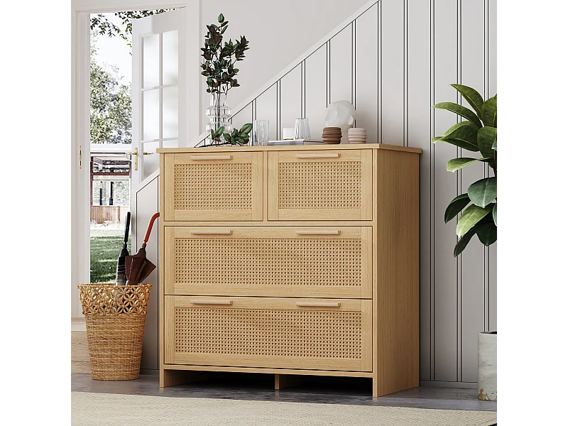 Cómoda natural clara com 4 gavetas em vime e puxadores em madeira, 80x38x80cm