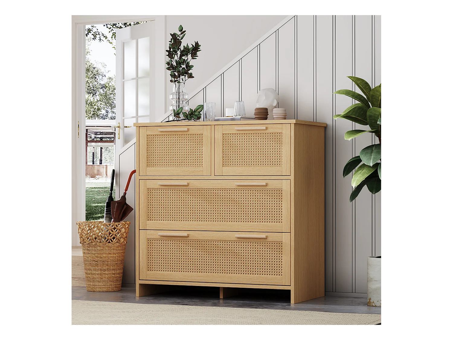 Commode naturelle claire avec 4 tiroirs en rotin et poignées en bois, 80x38x80cm