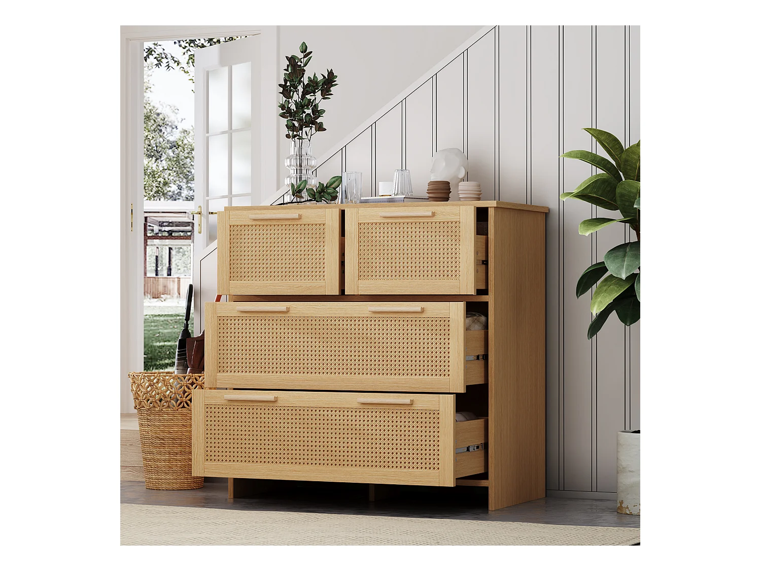 Commode naturelle claire avec 4 tiroirs en rotin et poignées en bois, 80x38x80cm