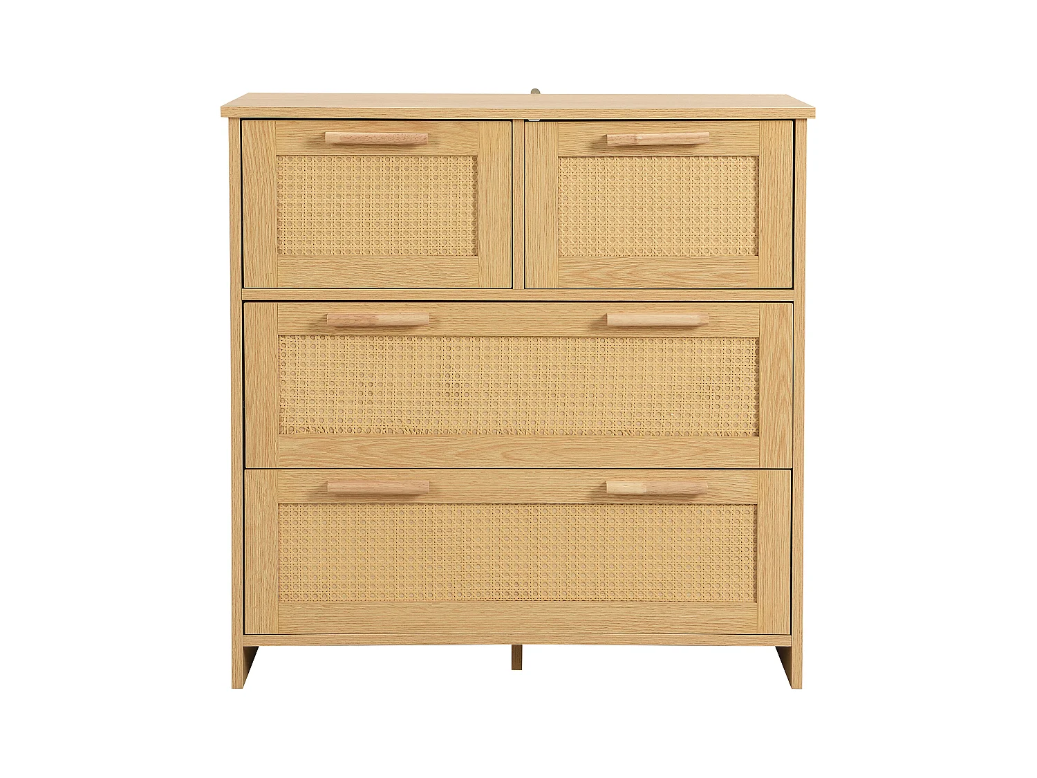 Commode naturelle claire avec 4 tiroirs en rotin et poignées en bois, 80x38x80cm