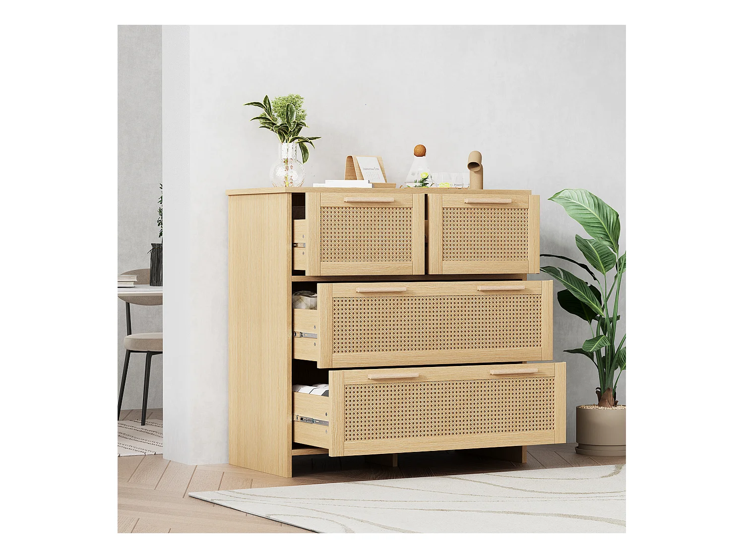 Commode naturelle claire avec 4 tiroirs en rotin et poignées en bois, 80x38x80cm