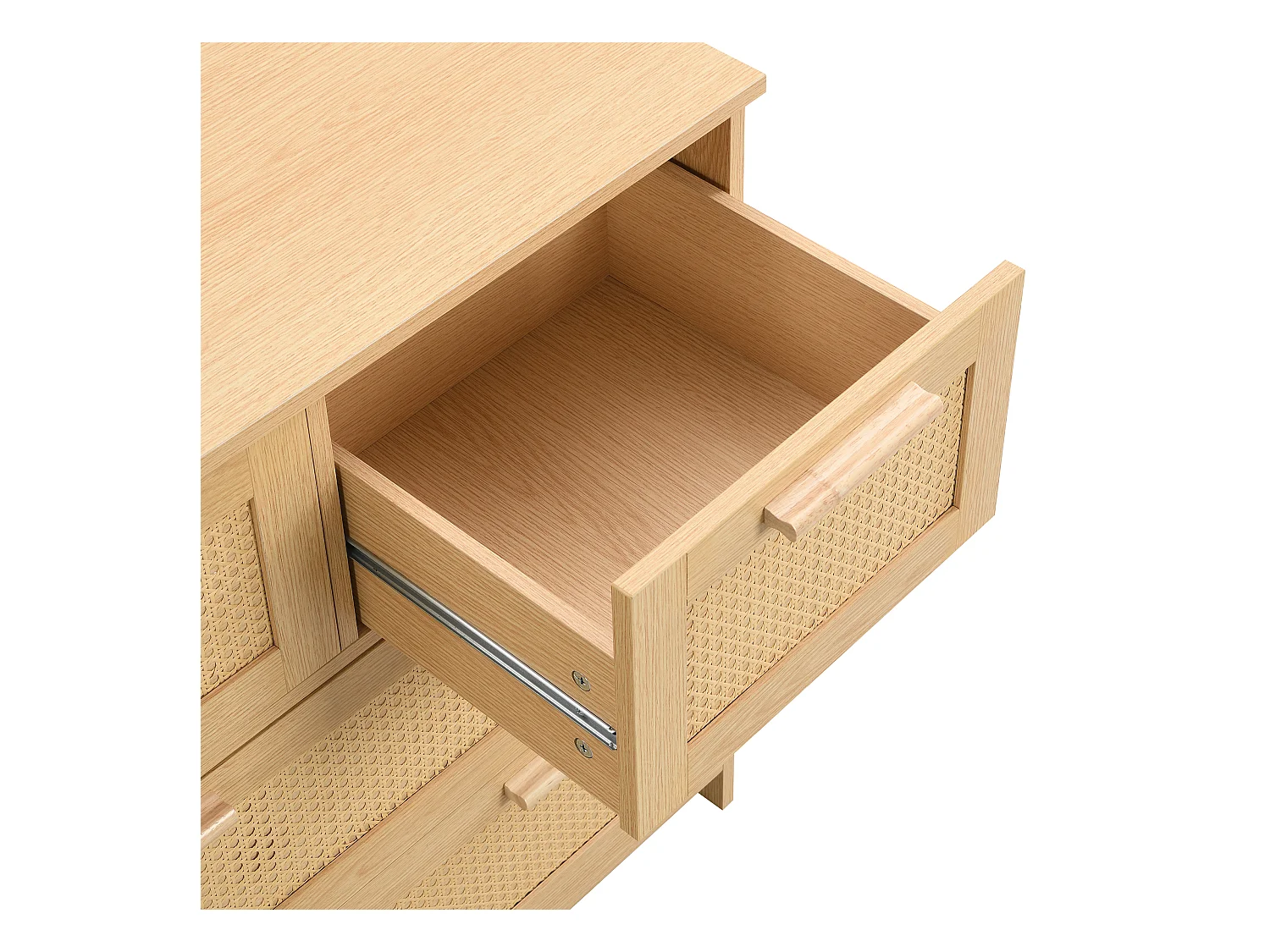 Commode naturelle claire avec 4 tiroirs en rotin et poignées en bois, 80x38x80cm