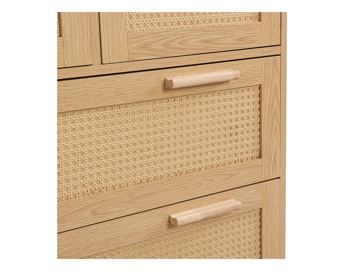 Commode naturelle claire avec 4 tiroirs en rotin et poignées en bois, 80x38x80cm