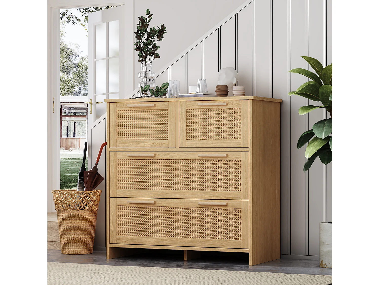 Commode naturelle claire avec 4 tiroirs en rotin et poignées en bois, 80x38x80cm