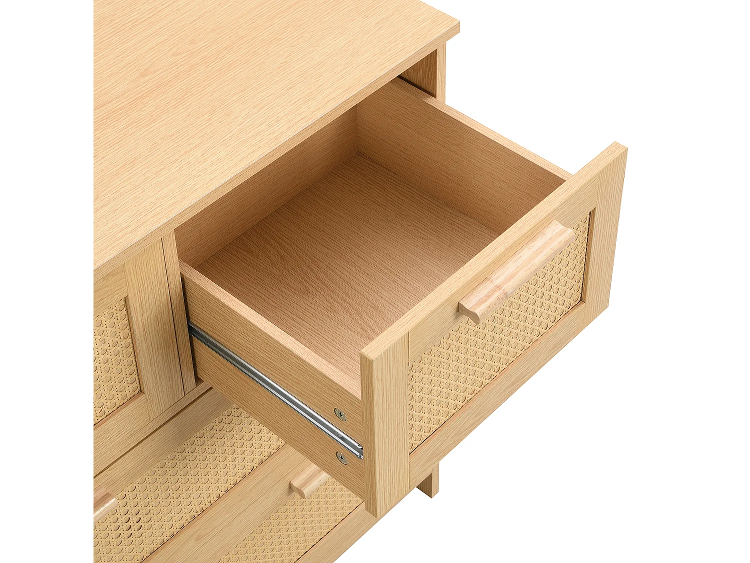 Commode naturelle claire avec 4 tiroirs en rotin et poignées en bois, 80x38x80cm