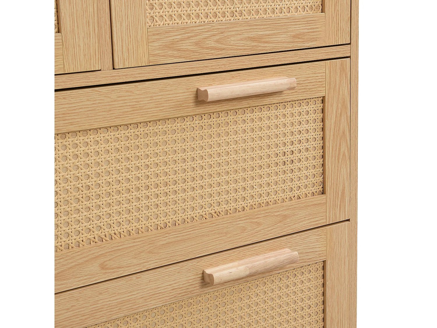 Commode naturelle claire avec 4 tiroirs en rotin et poignées en bois, 80x38x80cm