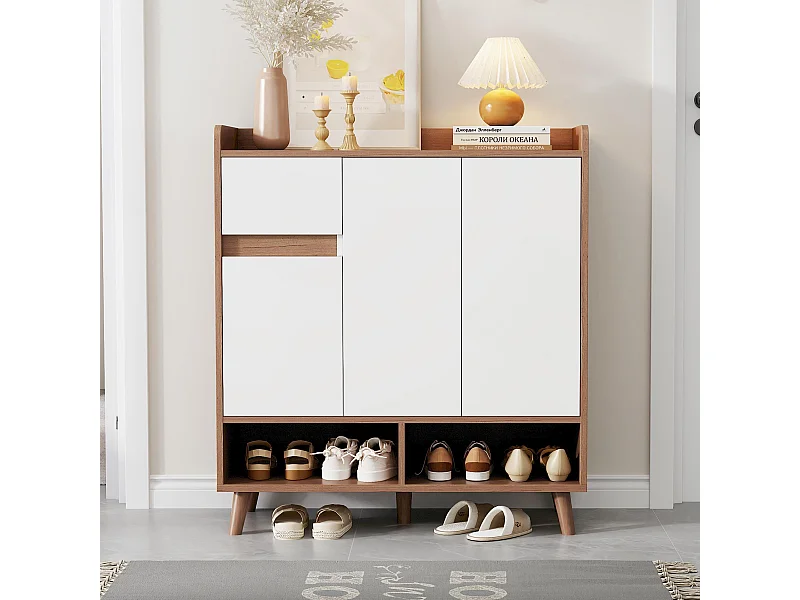 Zapatero blanco y madera con 3 puertas y 1 cajón, estantes regulables 90x35x99cm