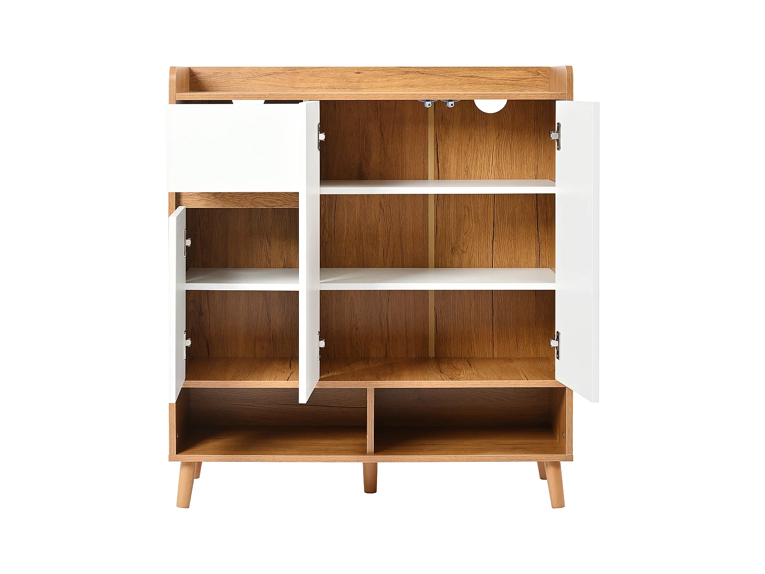 Zapatero blanco y madera con 3 puertas y 1 cajón, estantes regulables 90x35x99cm