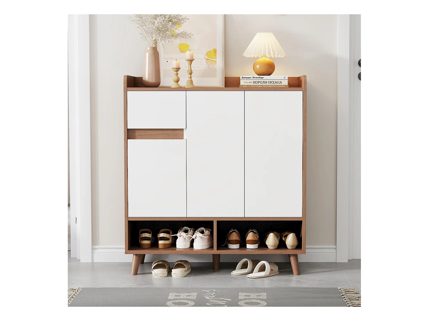 Meuble à chaussures blanc et bois avec 3 portes et 1 tiroir, étagères réglables 90x35x99cm