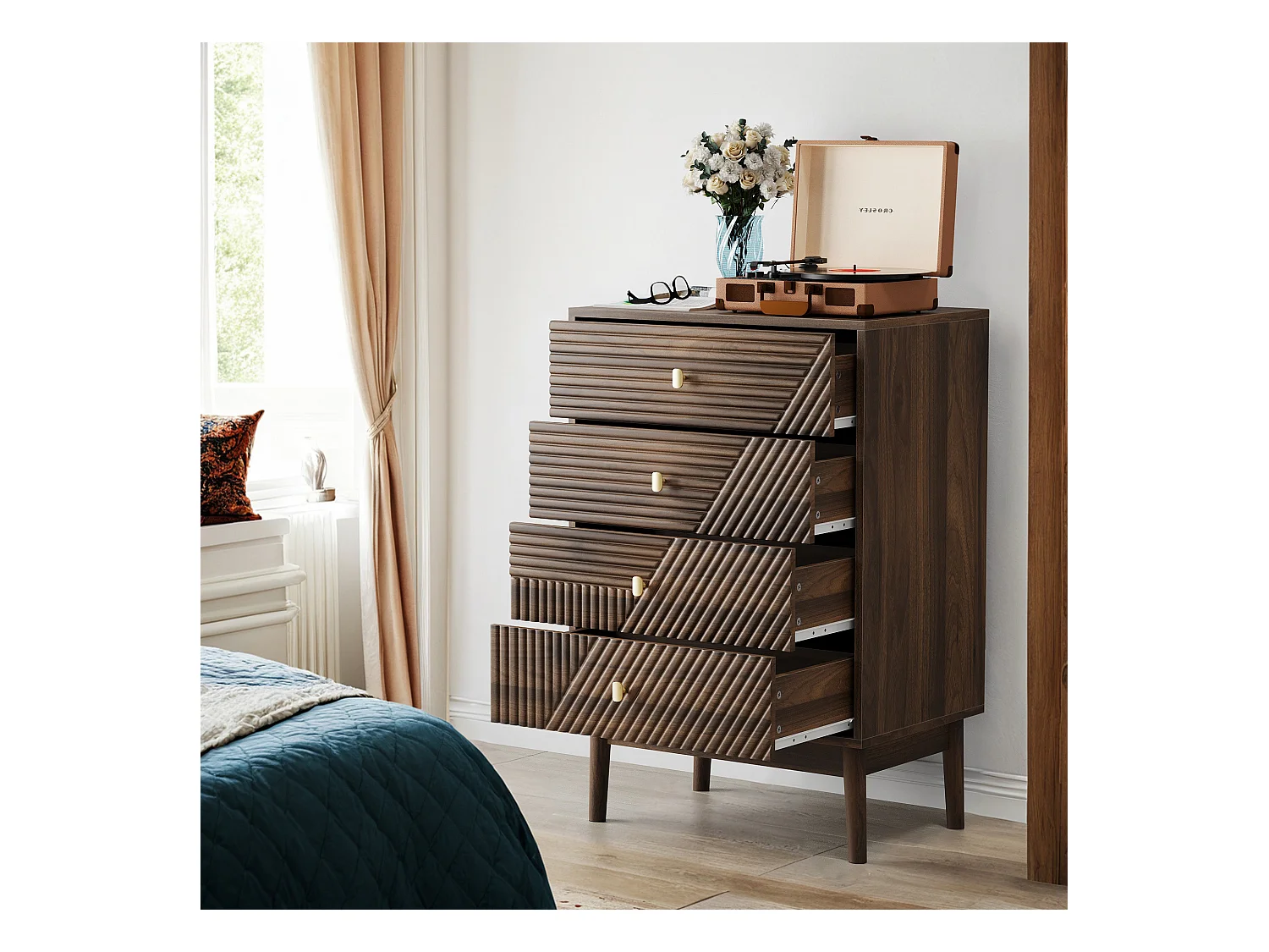 Commode en bois de noyer avec 4 tiroirs, boutons en métal 60x40x90cm