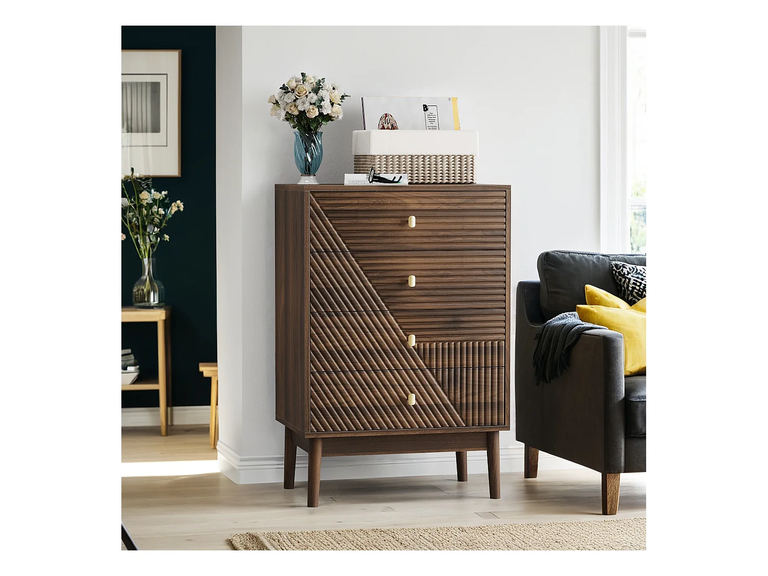 Commode en bois de noyer avec 4 tiroirs, boutons en métal 60x40x90cm