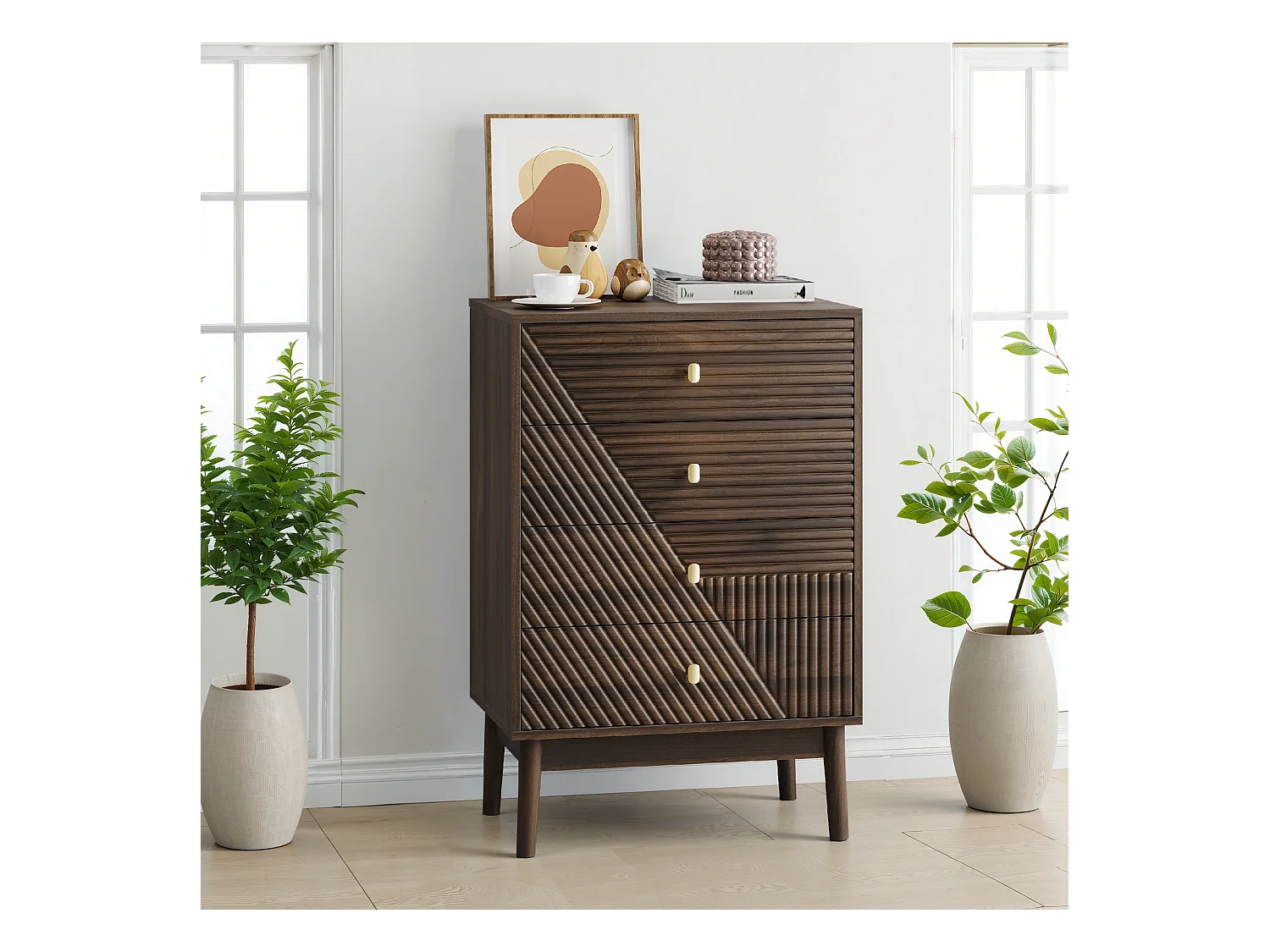 Commode en bois de noyer avec 4 tiroirs, boutons en métal 60x40x90cm
