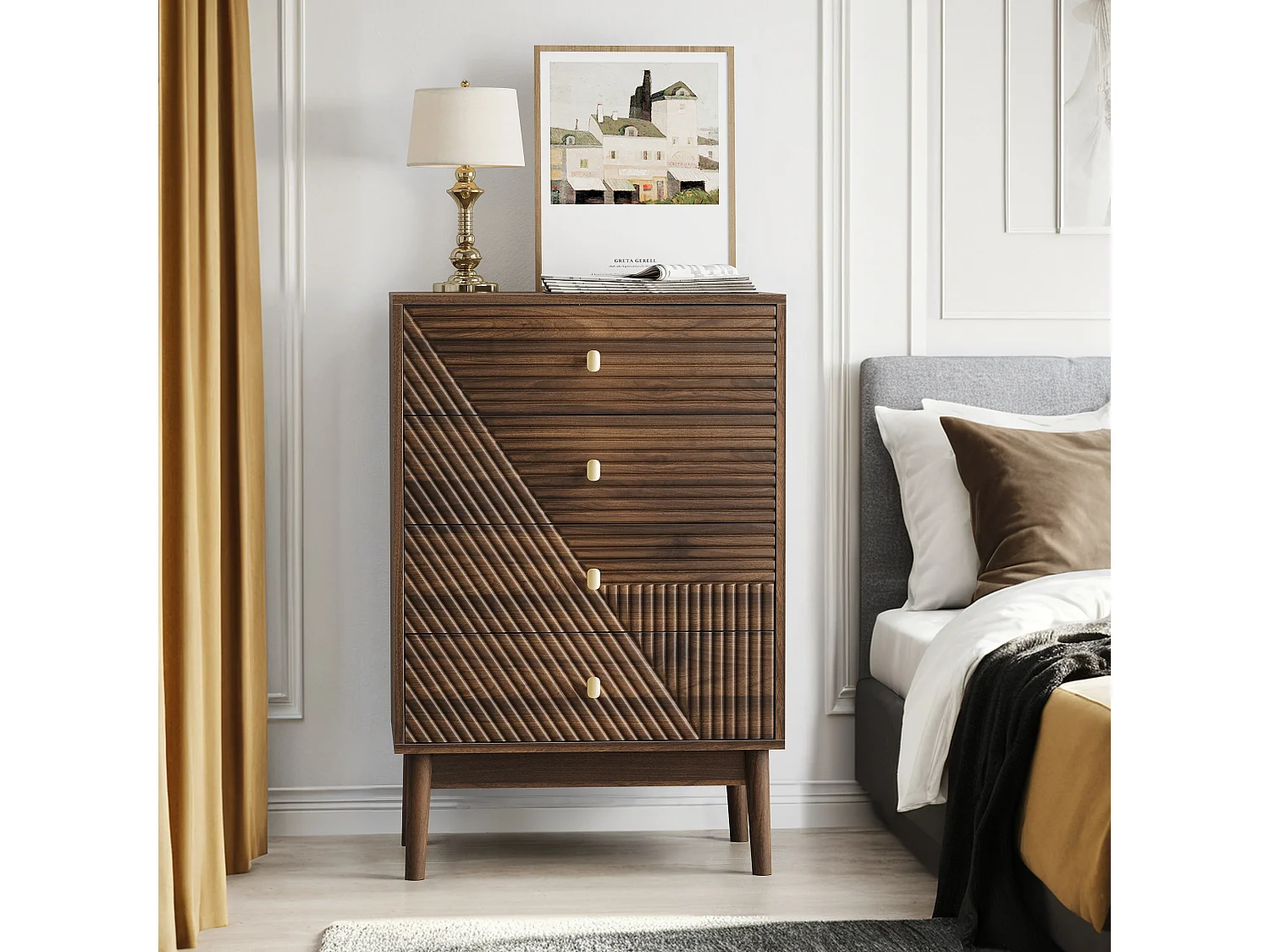 Commode en bois de noyer avec 4 tiroirs, boutons en métal 60x40x90cm